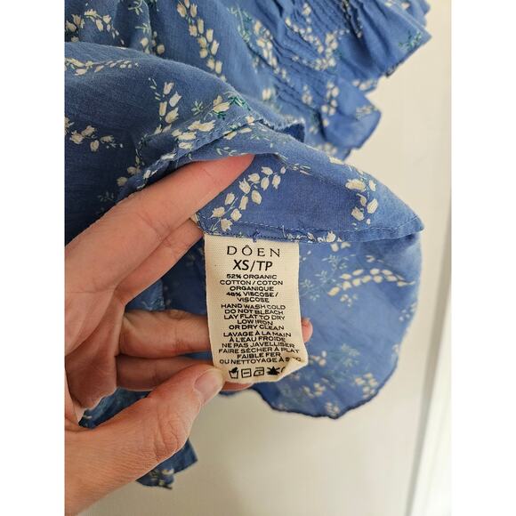 DOEN Blue Bluebell Ballad Floral Henri Top Cotton Blouse Size X-Small - Picture 10 of 16